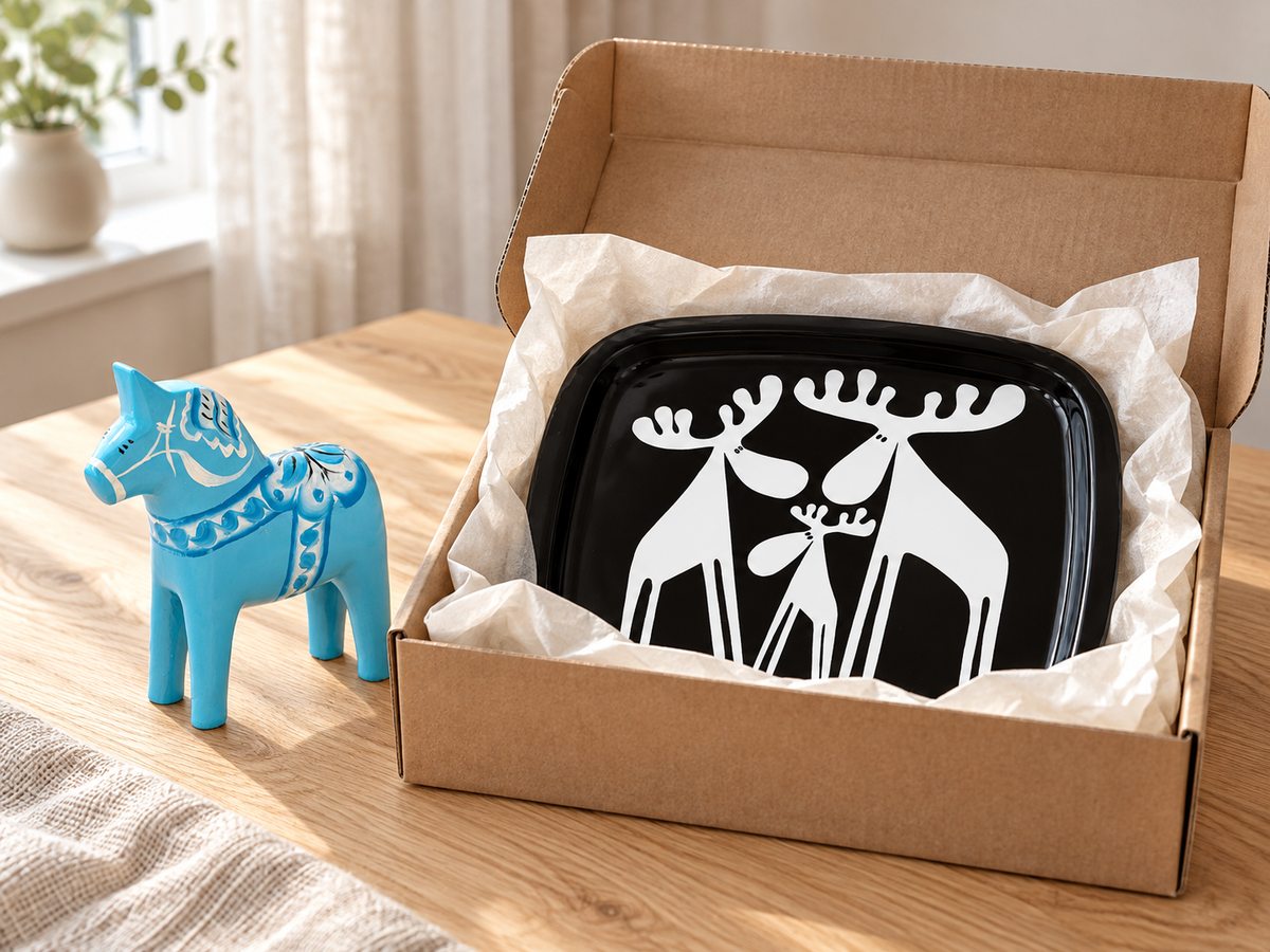 Paket med dalahäst och älgbricka, packat för leverans